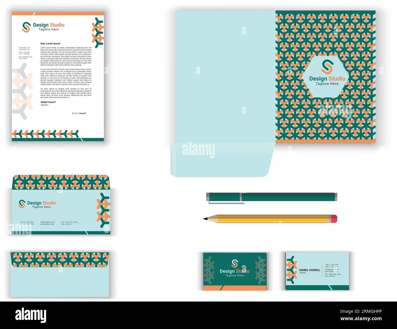 office business stationary set in green rust and white color vector design with letter head envelop folder  notepad, usb, paper clip pen pencil Stock Vector