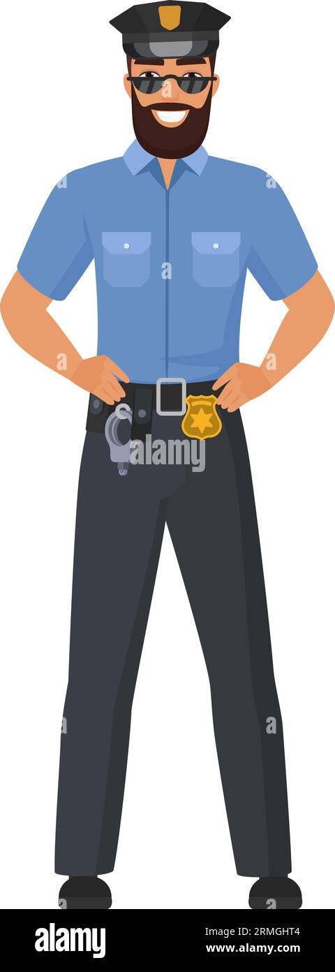 Confident policeman in uniform. Standing police officer with sunglasses cartoon vector illustration Stock Vector