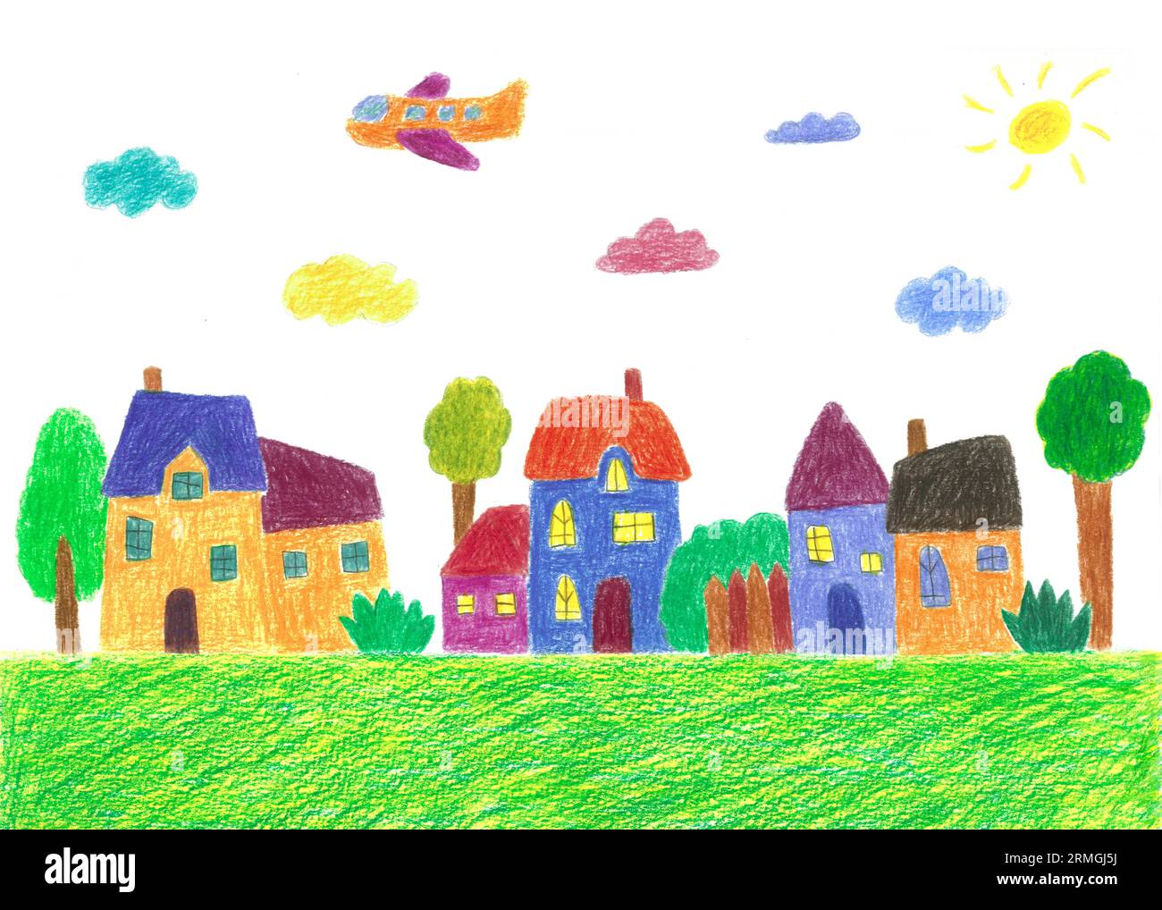 Children's Artwork Of A City Scene With Airplane, buildings, Sun, Cloud ...