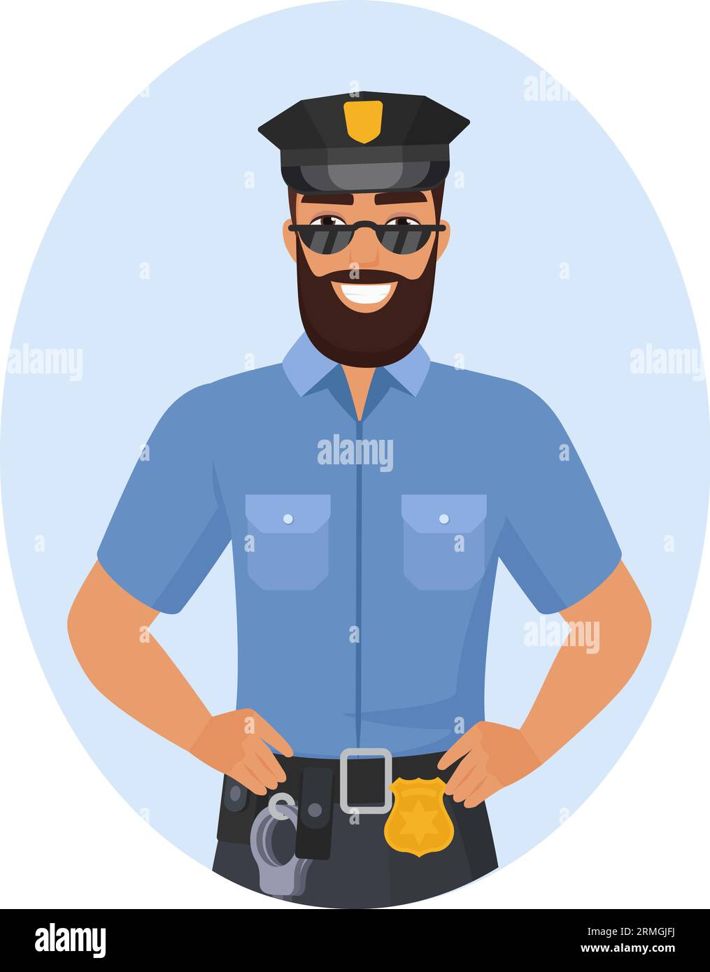 Smiling policeman with hands on hips. Happy police officer in work uniform cartoon vector illustration Stock Vector