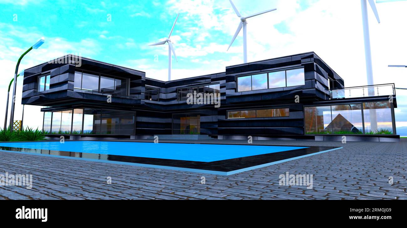 Exclusive design of the contemporary house. Trendy stone finishing 