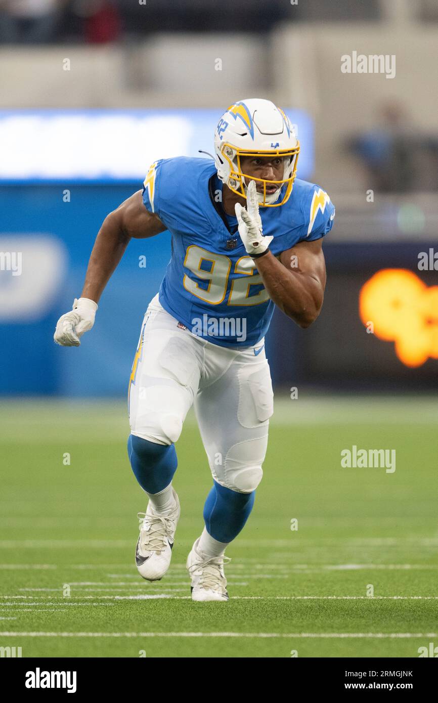 Los Angeles Chargers linebacker Andrew Farmer (92) runs during an NFL  preseason football game against the New Orleans Saints, Sunday, Aug. 20,  2023, in Inglewood, Calif. (AP Photo/Kyusung Gong Stock Photo - Alamy