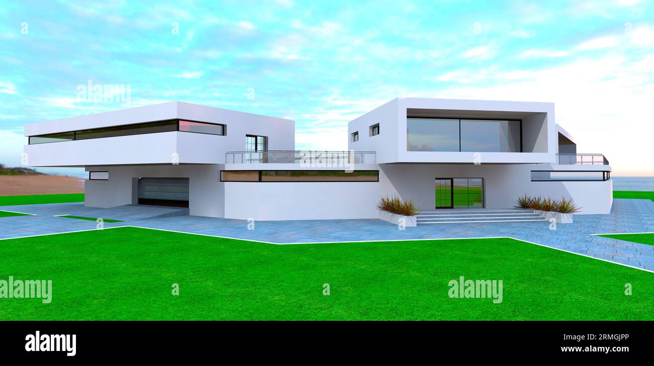 Individual design of the modern eco-friendly villa. View of the back ...