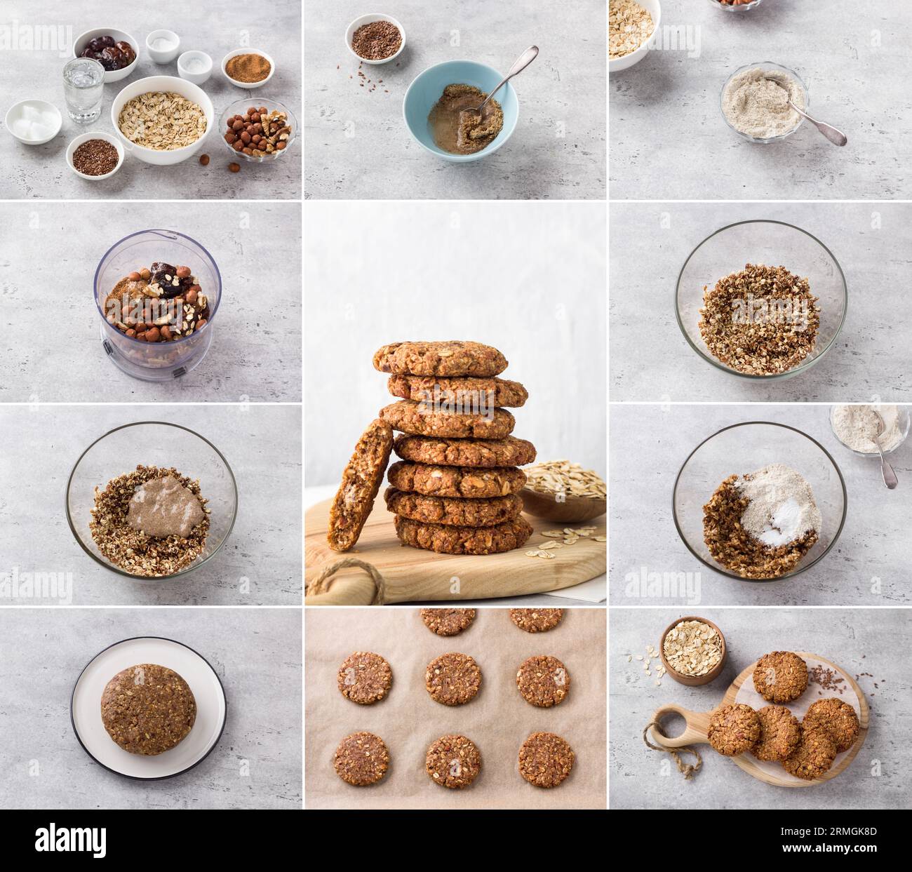 Cooking vegan oatmeal cookies with nuts and flaxseed, collage, do it yourself, step by step, ingredients, cooking steps, final dish on a gray stone Stock Photo