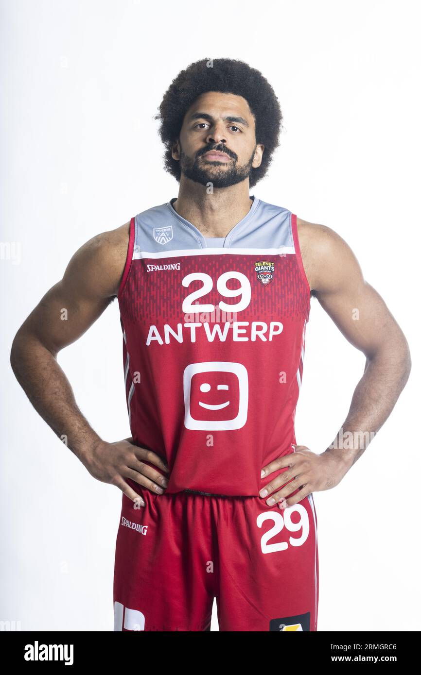 Antwerp, Belgium. 28th Aug, 2023. Antwerp's Jean-Marc Mwema poses at a  photoshoot of Belgian Basketball team Antwerp Giants, ahead of the 2023-2024  BNXT League, Monday 28 August 2023 in Antwerp. BELGA PHOTO