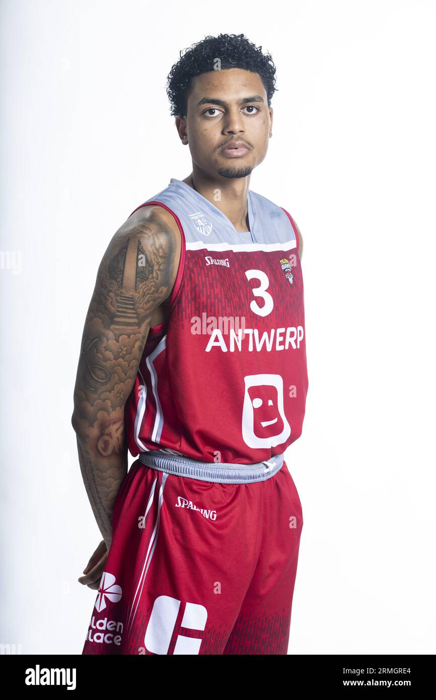 Antwerp, Belgium. 28th Aug, 2023. Antwerp's Salim Kediambiko poses at a photoshoot of Belgian