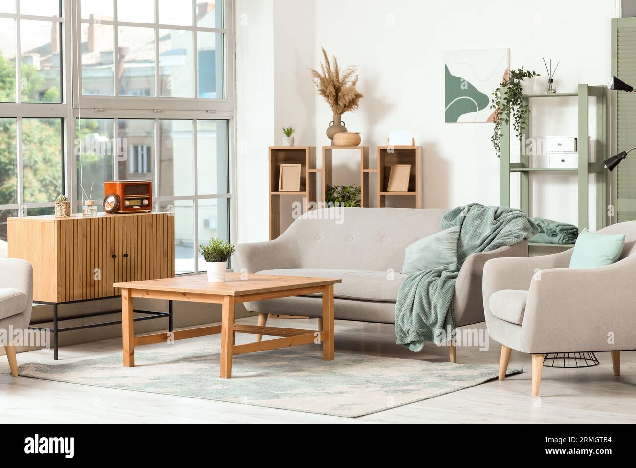 Interior of modern living room with sofa and coffee table Stock Photo ...