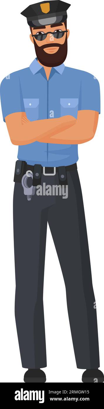 Serious policeman with crossed arms. Standing policeman in working uniform cartoon vector illustration Stock Vector