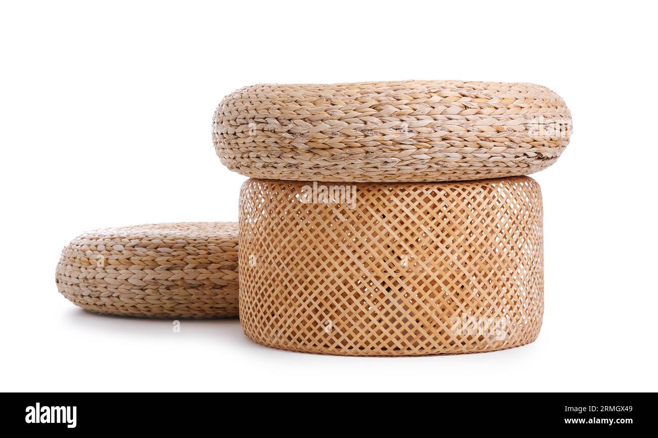 Wicker poufs isolated on white background Stock Photo