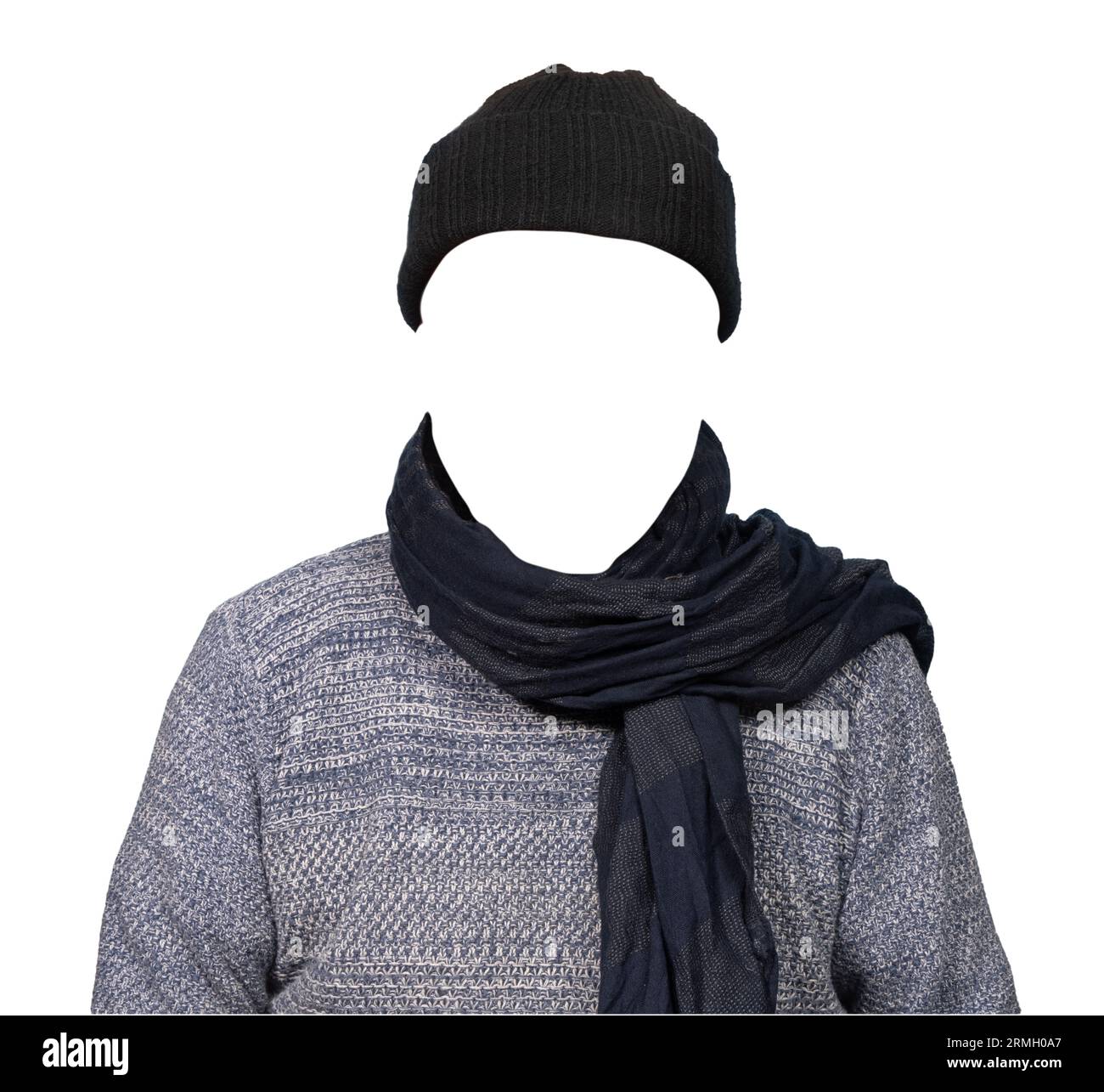 a man with scarf and cap isolated without a head on a transparent background Stock Photo