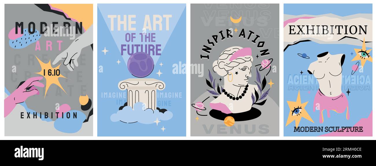 Art exhibition posters with antique sculpture, greek statues and column