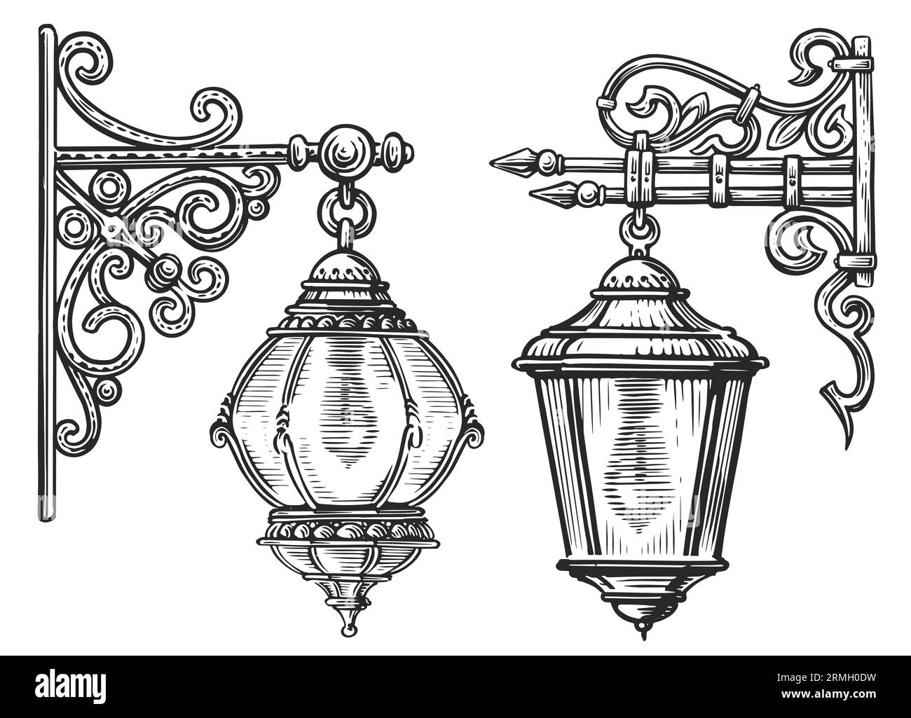 Wall old street lamp in engraving style. Vintage lantern sketch illustration Stock Photo