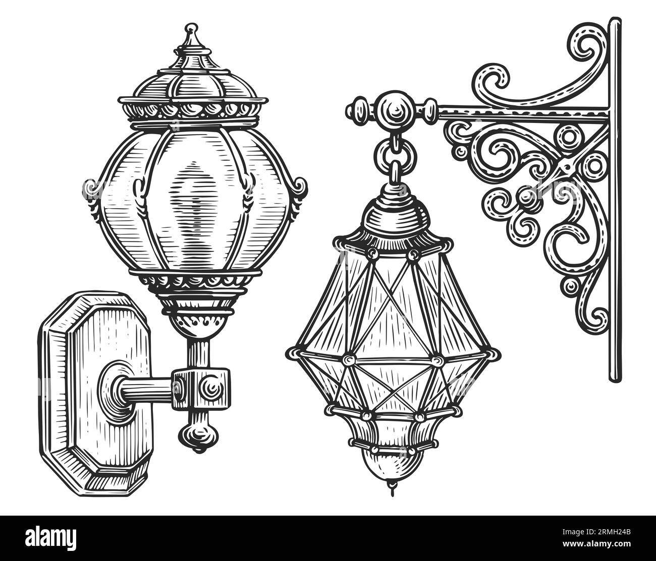 Vintage lantern sketch illustration engraving style. Wall old street lamp Stock Photo