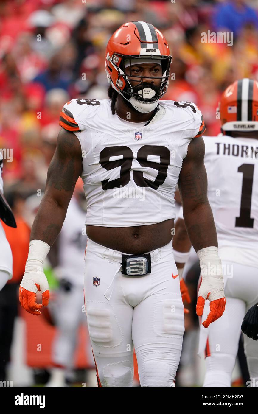 Cleveland Browns defensive end Za'Darius Smith (99) walks off of the field  after an NFL pre-season football game against the Washington Commanders,  Friday, Aug. 11, 2023, in Cleveland. (AP Photo/Kirk Irwin Stock