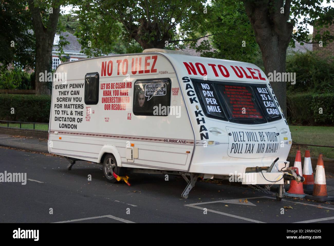 No to ULEZ caravan outside London Mayor Sadiq Khans house London ANTI ULEZ Stock Photo