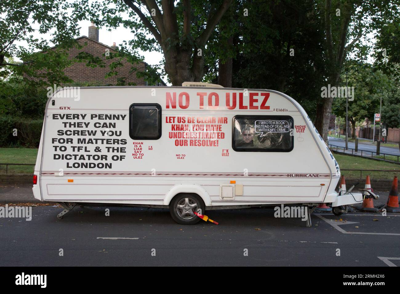 No to ULEZ caravan outside London Mayor Sadiq Khans house London ANTI ULEZ Stock Photo