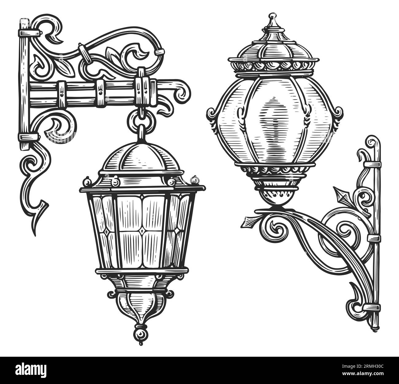 Old vintage lantern sketch illustration in engraving style. Wall street lamp isolated on white background Stock Photo