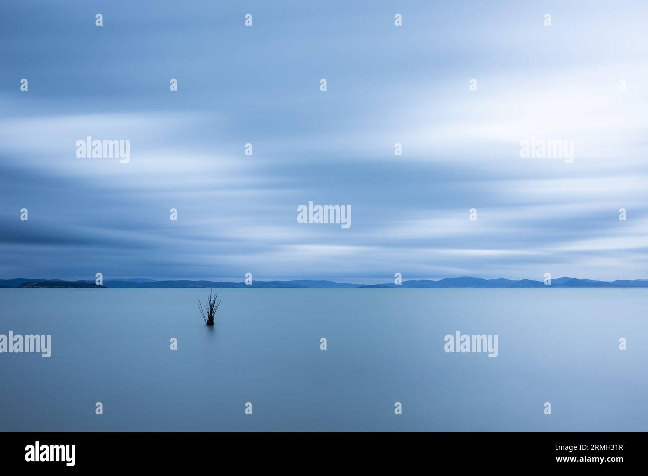 Minimalist view of fishing net poles on a lake, with perfectly