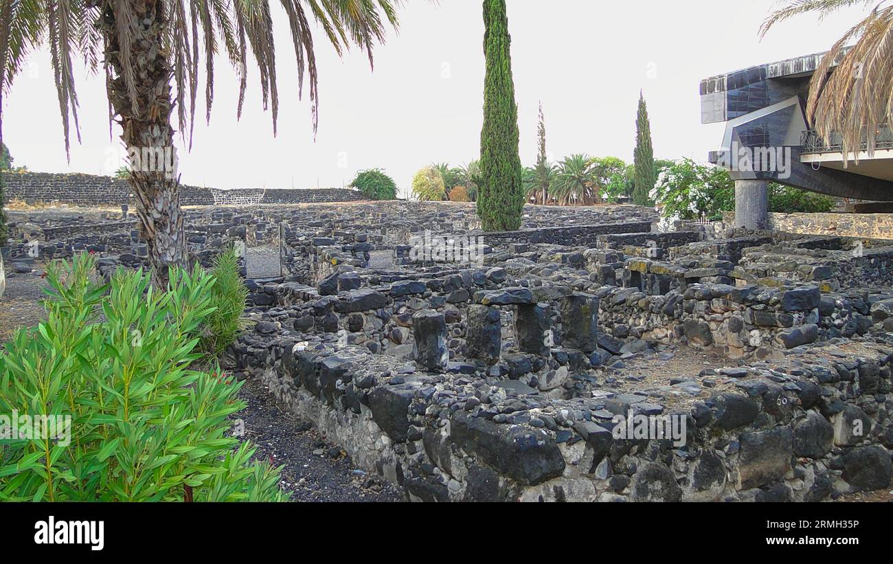 View of excavated foundations of houses and synagogues of the ancient city of Capernaum in Israel Stock Photo