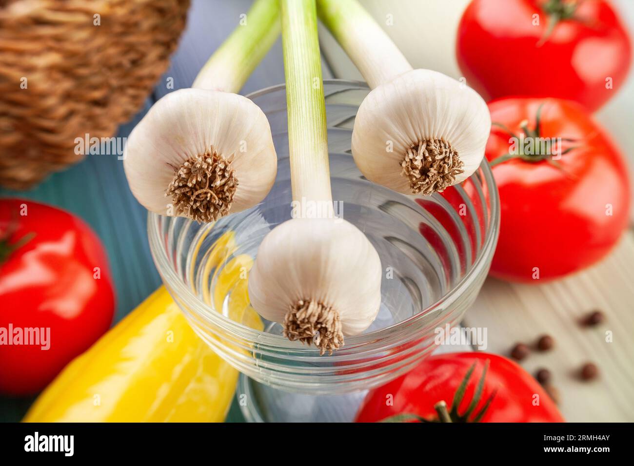 young garlic on wood background Stock Photo