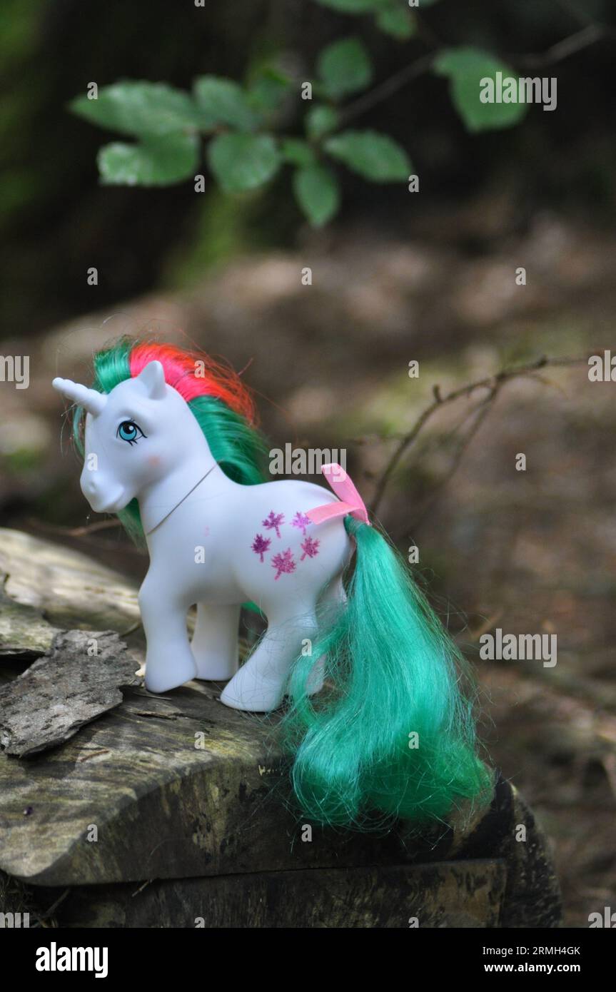 My Little Pony Figurine of Gusty the unicorn (1984) by Hasbro set in a woodland surrounding Stock Photo
