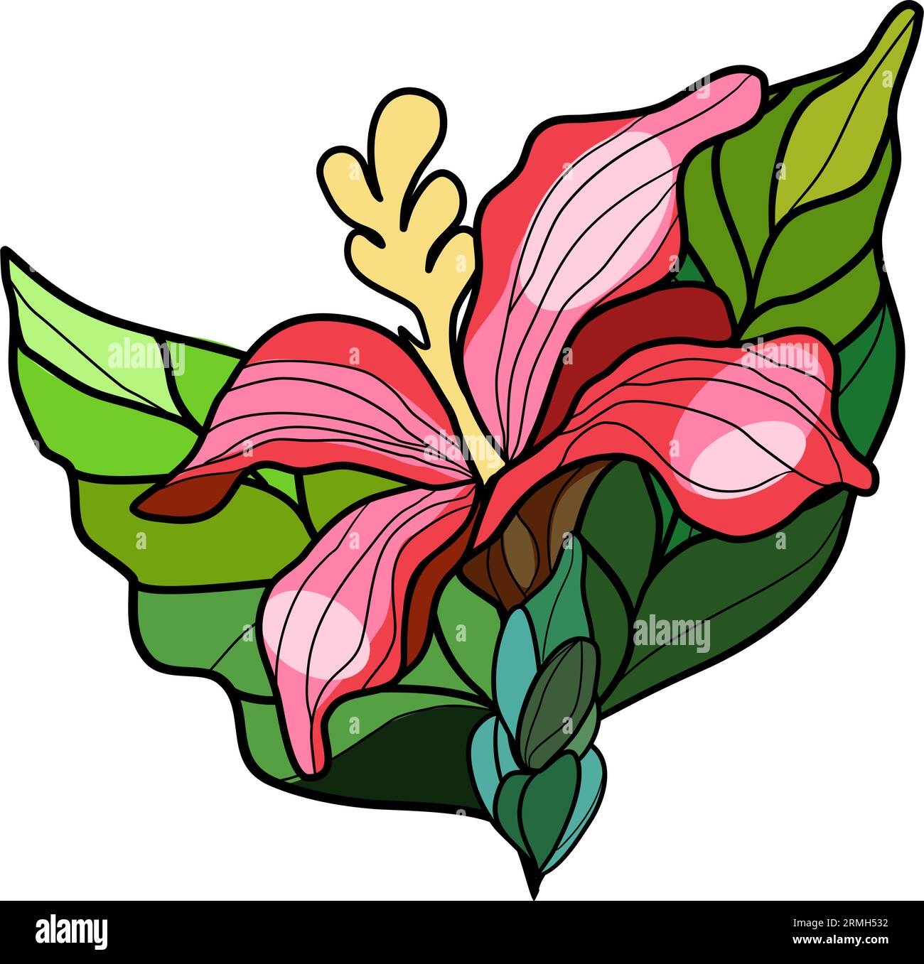 Lily flower and leaves. Vector illustration in stained glass window technique Stock Vector