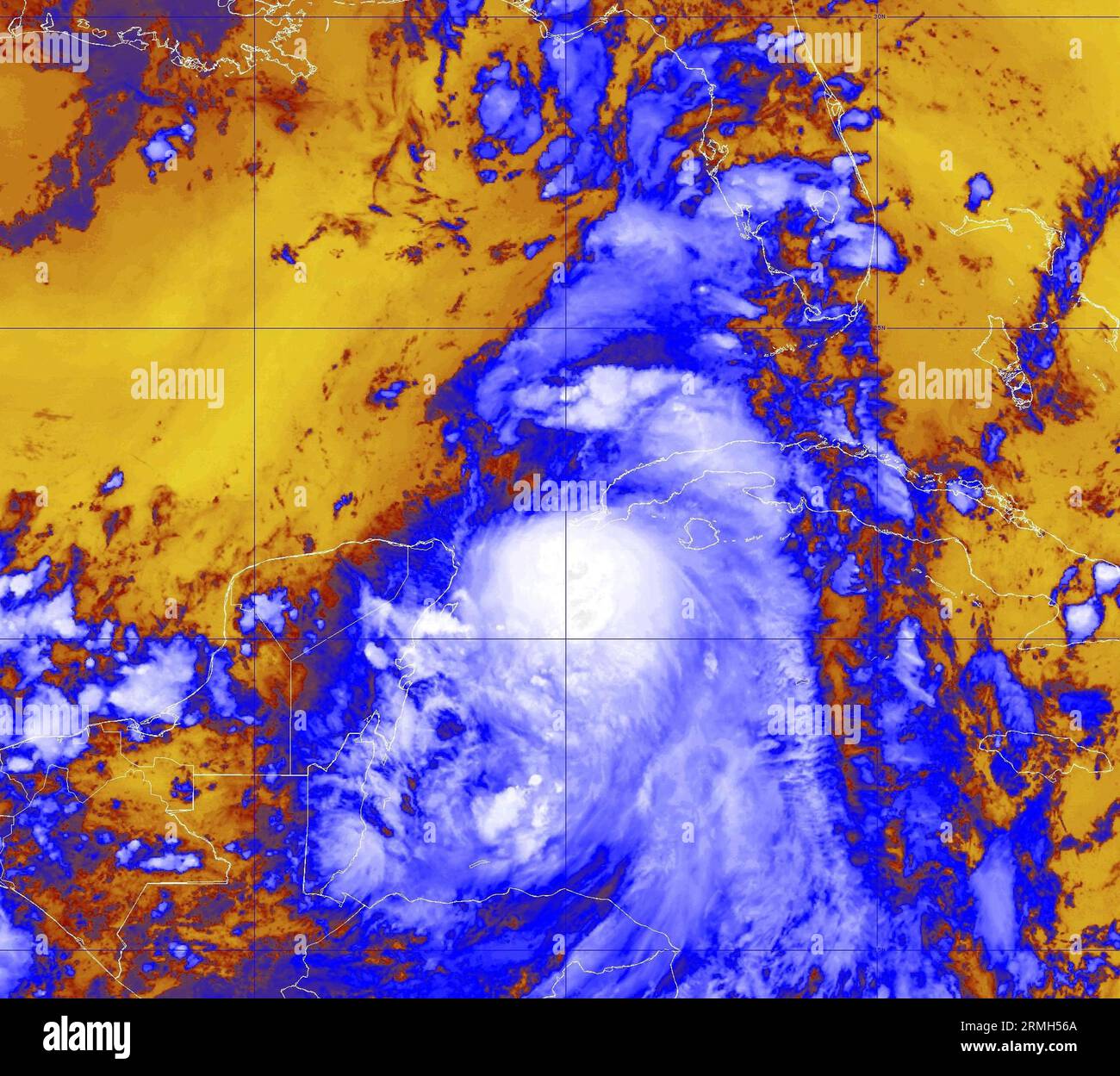 Miami, United States. 28th Aug, 2023. NOAA GEOS-East satellite infrared image showing Tropical Storm Idalia, center, as it moves north past the Yucatan peninsula into the Gulf of Mexico, August 28, 2023 in the Caribbean Sea. Idalia is expected to strengthen into a major hurricane and make landfall near Tampa, Florida. Credit: NESDIS/STAR/NOAA/Alamy Live News Stock Photo