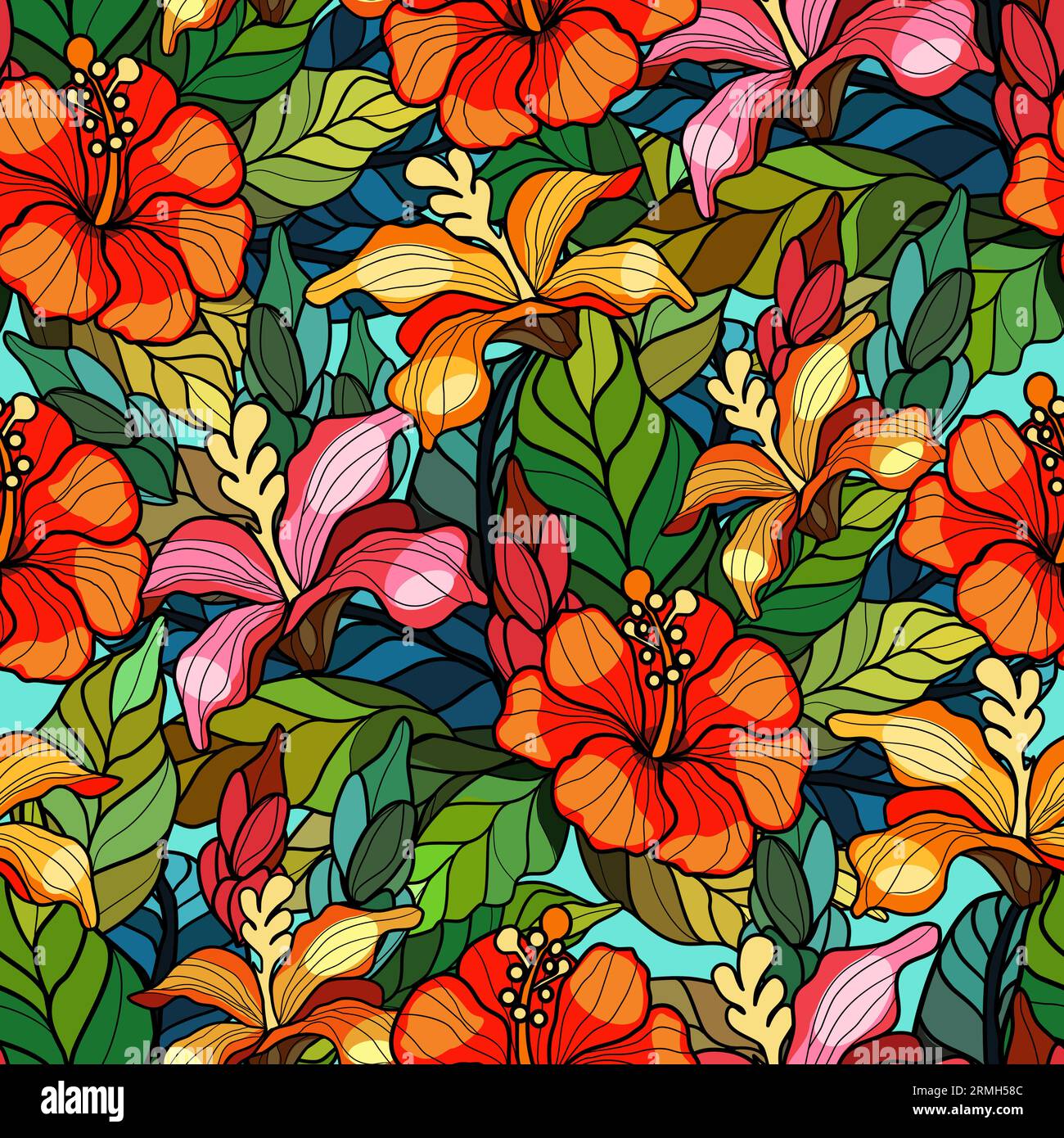 Seamless floral pattern with hibiscus flowers and leaves in stained glass style vector illustration Stock Vector
