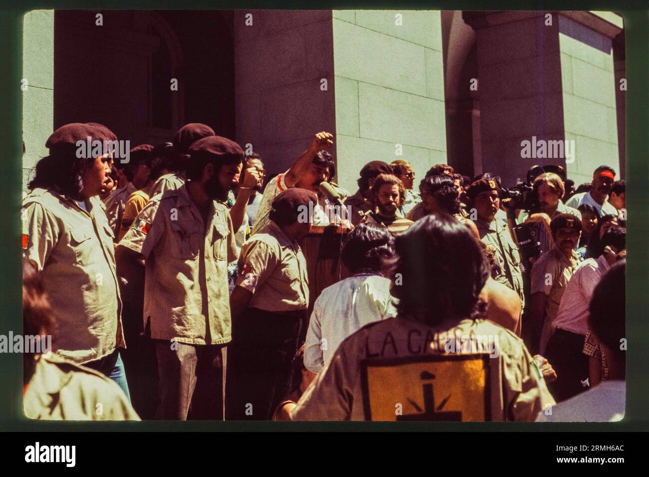 The March Through Aztlán and the Brown Berets arrived in Sacramento in 1971 during the 1970s Chicano movement to speak at the California State Capitol. The activists were met by police. Stock Photo