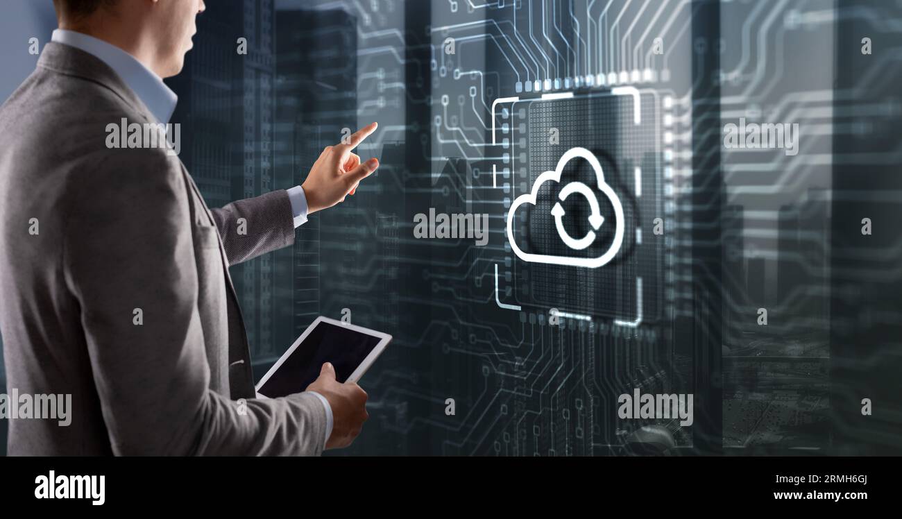 Cloud computing concept. Businessman clicking on virtual screen. Connect to cloud. Cloud computing icon. Stock Photo