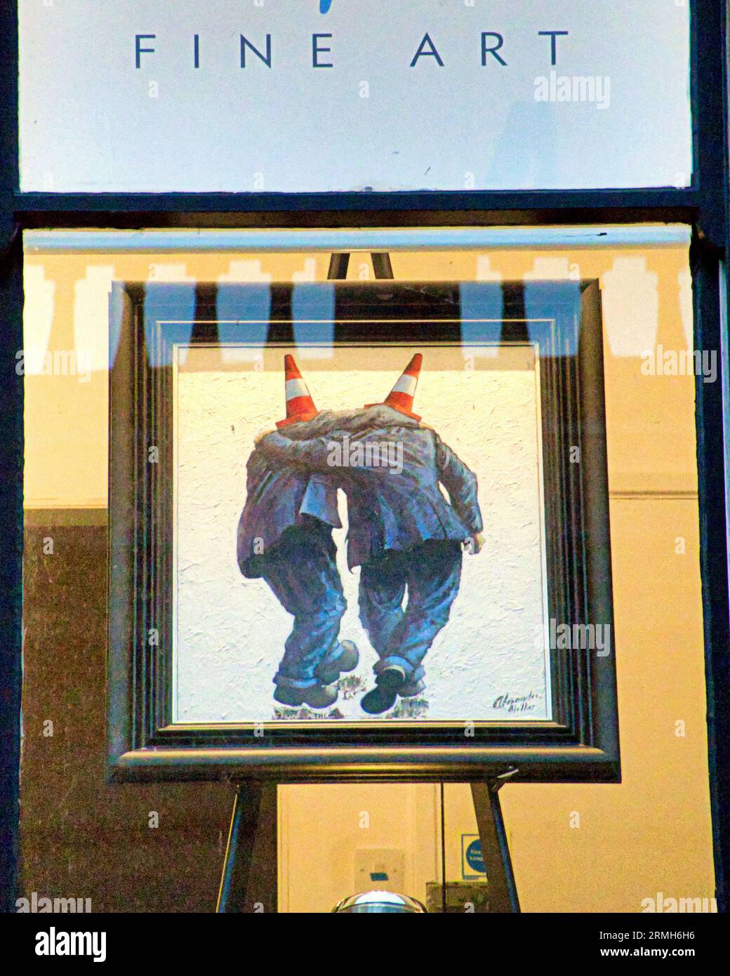 Glasgow, Scotland, UK. 28th  August, 2023. Cone  Art in princes square windows mirrors banksies departure. he glasgow museum of modern art and the coneheid duke of wellington statue. New propeller head cone  on duke as goodbye to Banksy exhibition starts as it ends a10pm today.  Credit Gerard Ferry/Alamy Live News Stock Photo
