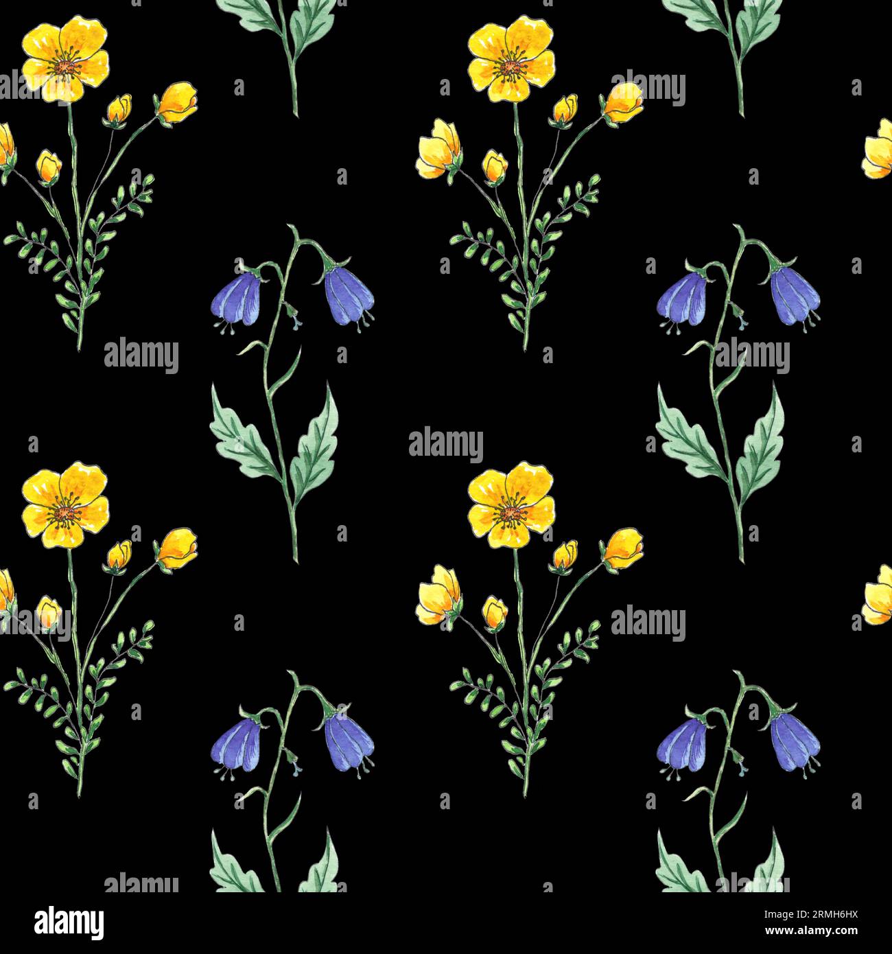 Watercolor seamless pattern yellow and blue wildflowers on black ...