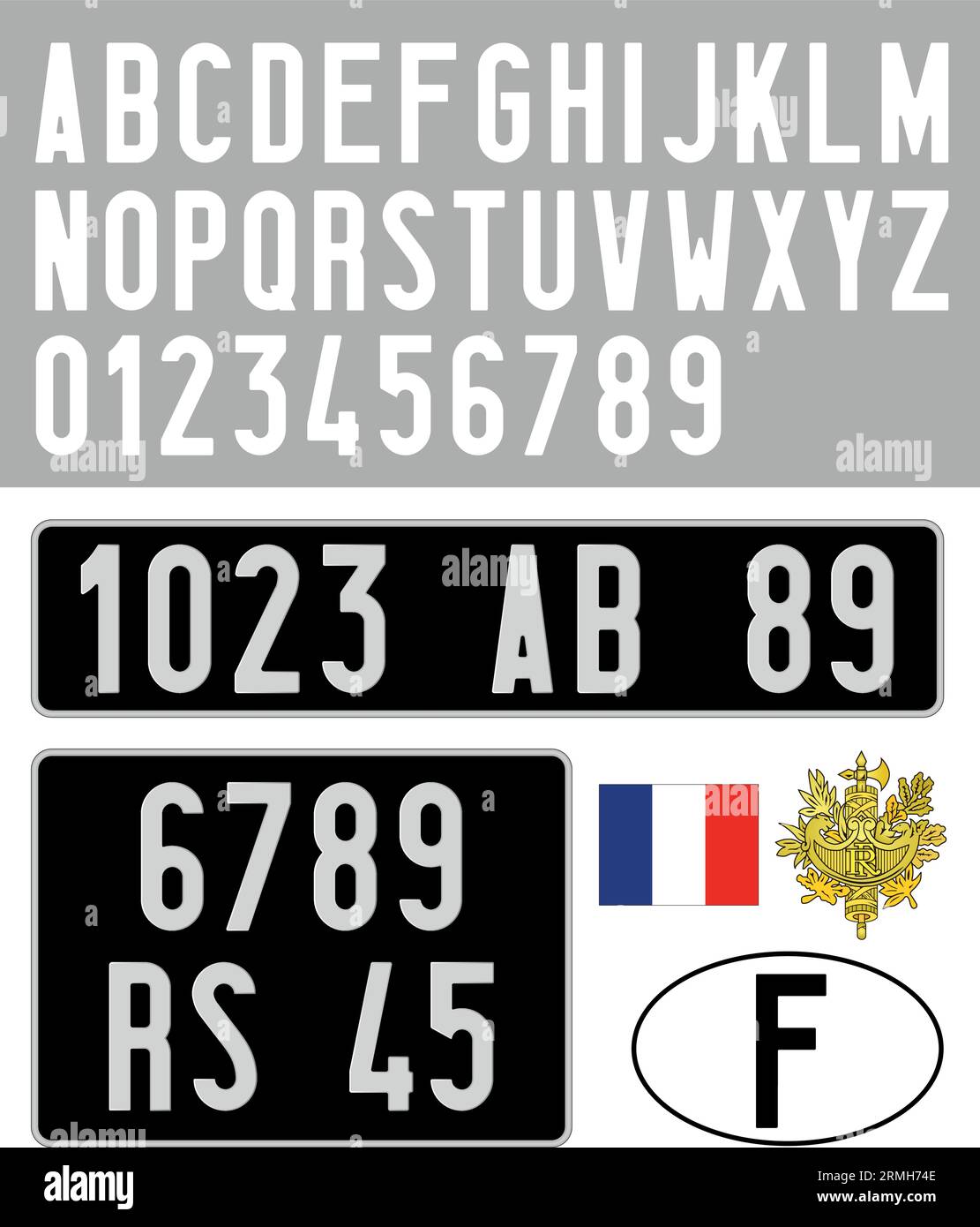 French car vintage license plate, letters, numbers and symbols with old style with black background, France, vector illustration Stock Vector