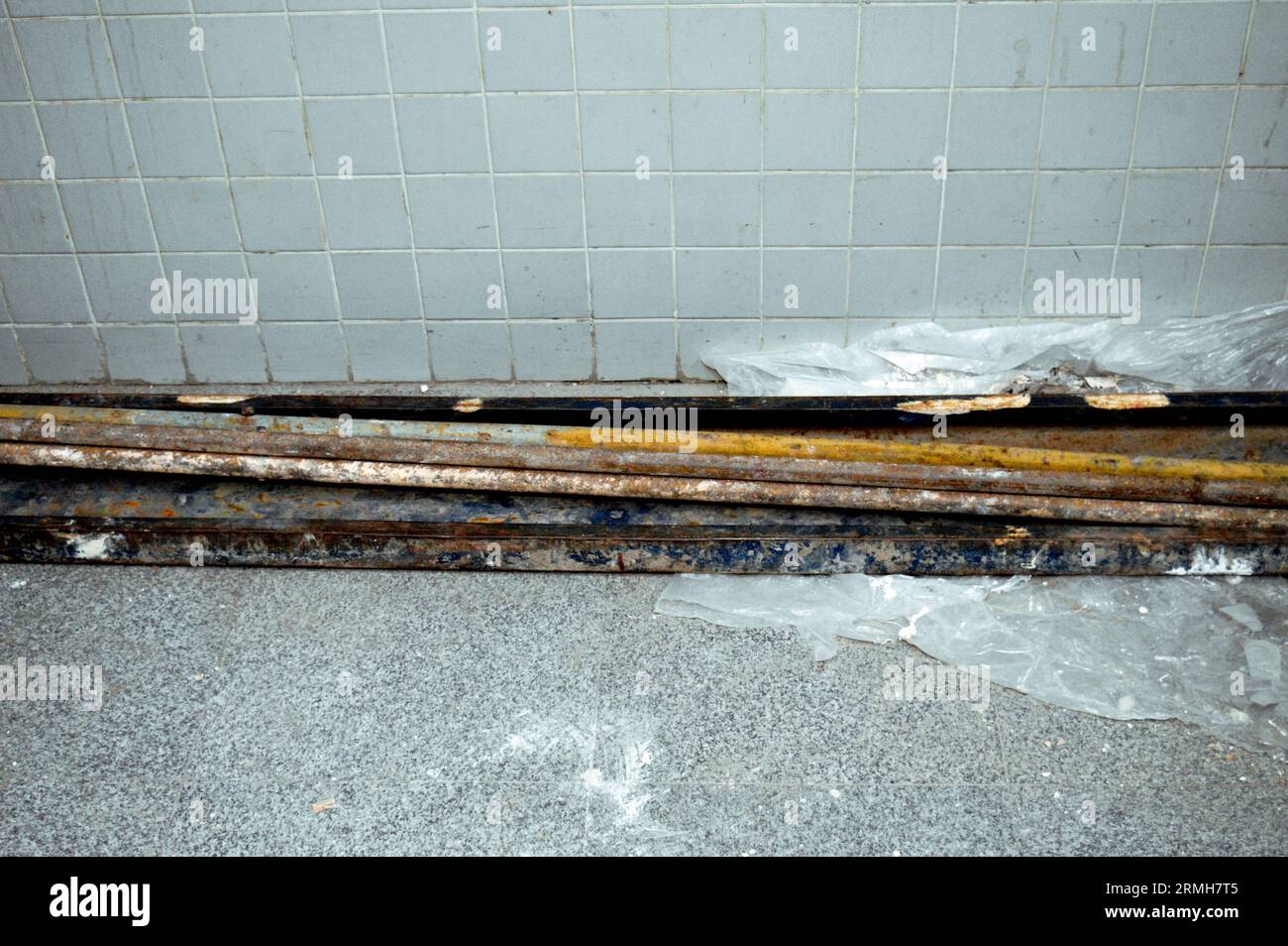 A disassembled metal scaffold, a temporary structure constructed using ...
