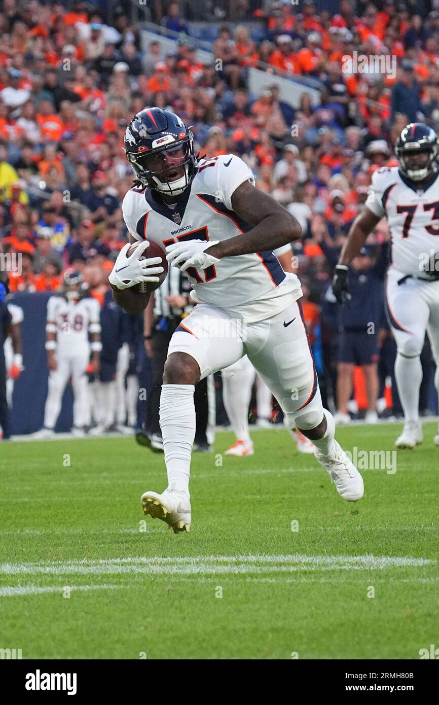 Denver Broncos wide receiver Lil'Jordan Humphrey (17) catches the ball  against the Los Angeles Rams of an NFL football game Saturday, Aug 26,  2023, in Denver. (AP Photo/Bart Young Stock Photo - Alamy