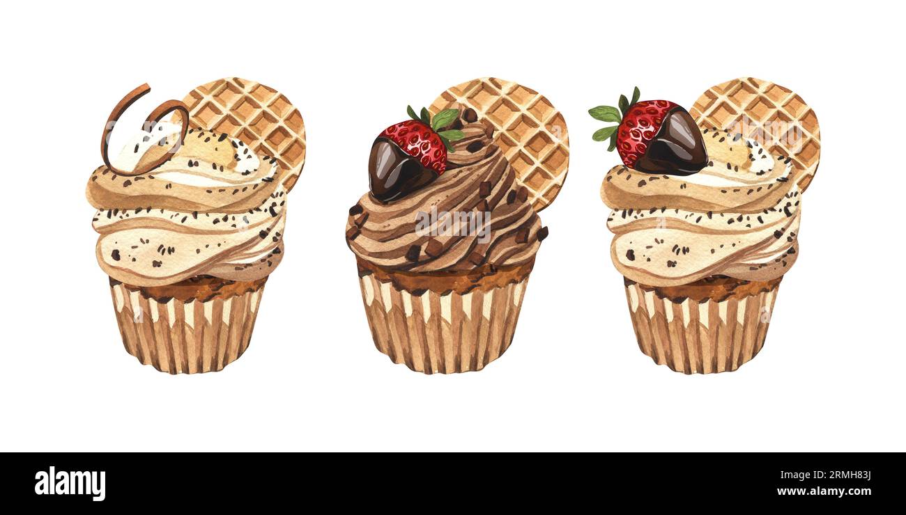 Watercolor dessert cupcake set, whipped cream with strawberry and ...