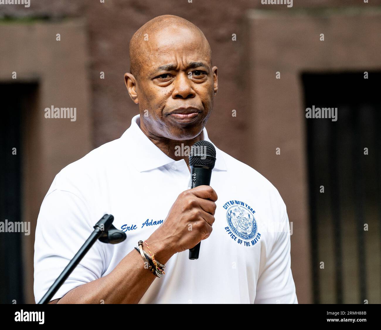 New York, United States. 28th Aug, 2023. New York City Mayor Eric Adams (D) speaking at the
