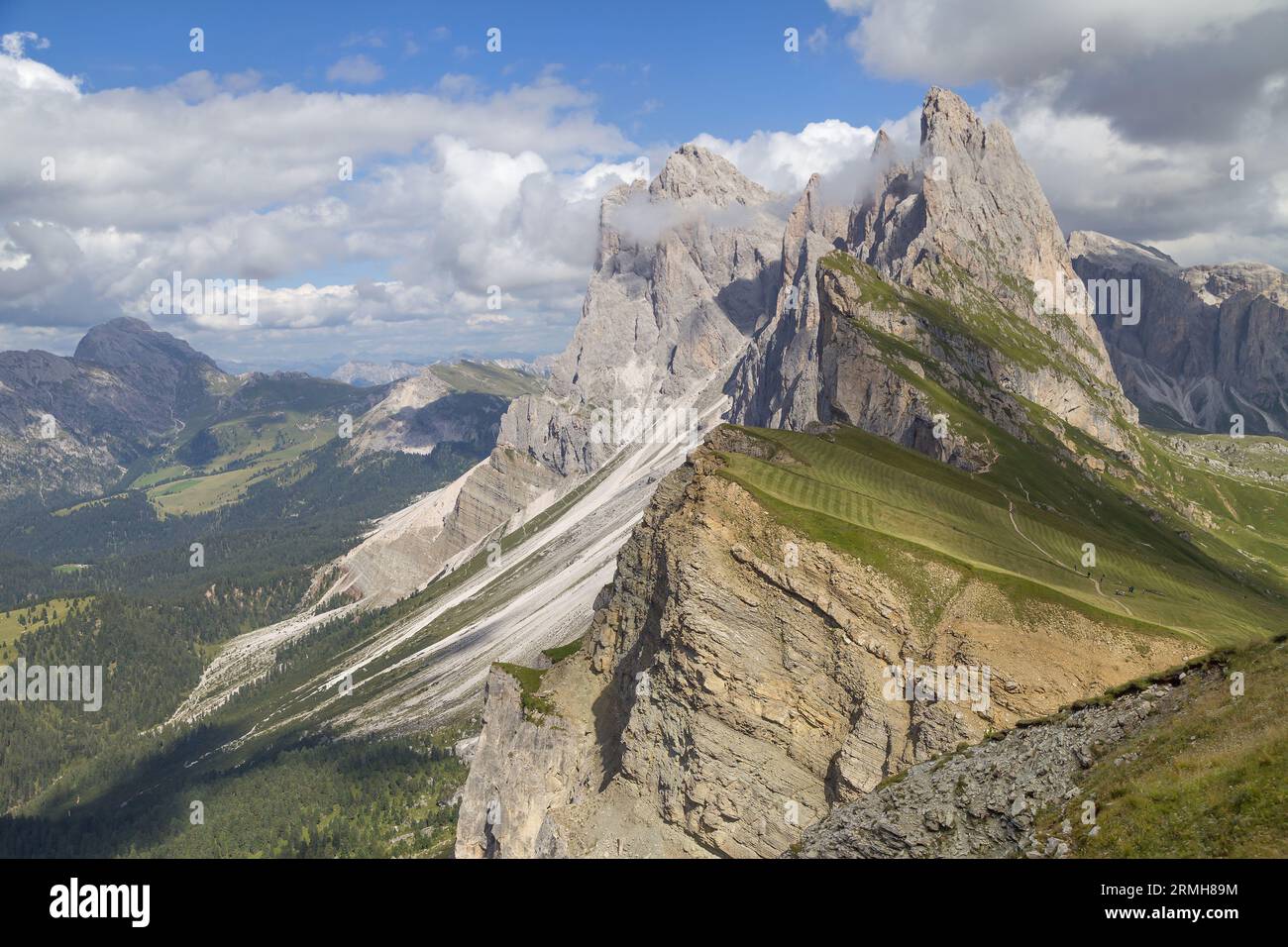 Odle Group from Seceda, South Tyrol, Italy. Stock Photo