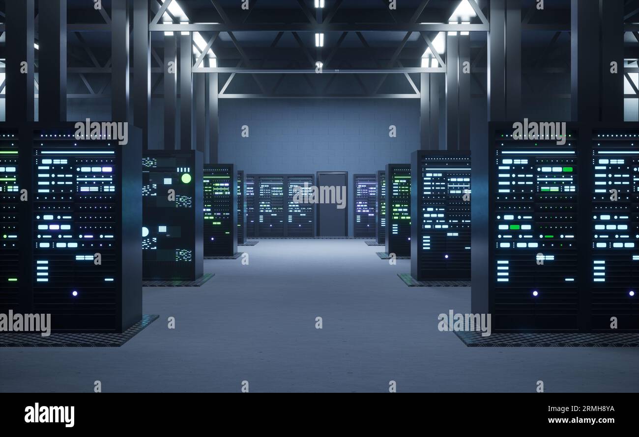 Empty data center housing thousands of blade servers, storage devices and networking infrastructure. Mainframes providing large amounts of computing power, 3D render animation Stock Photo