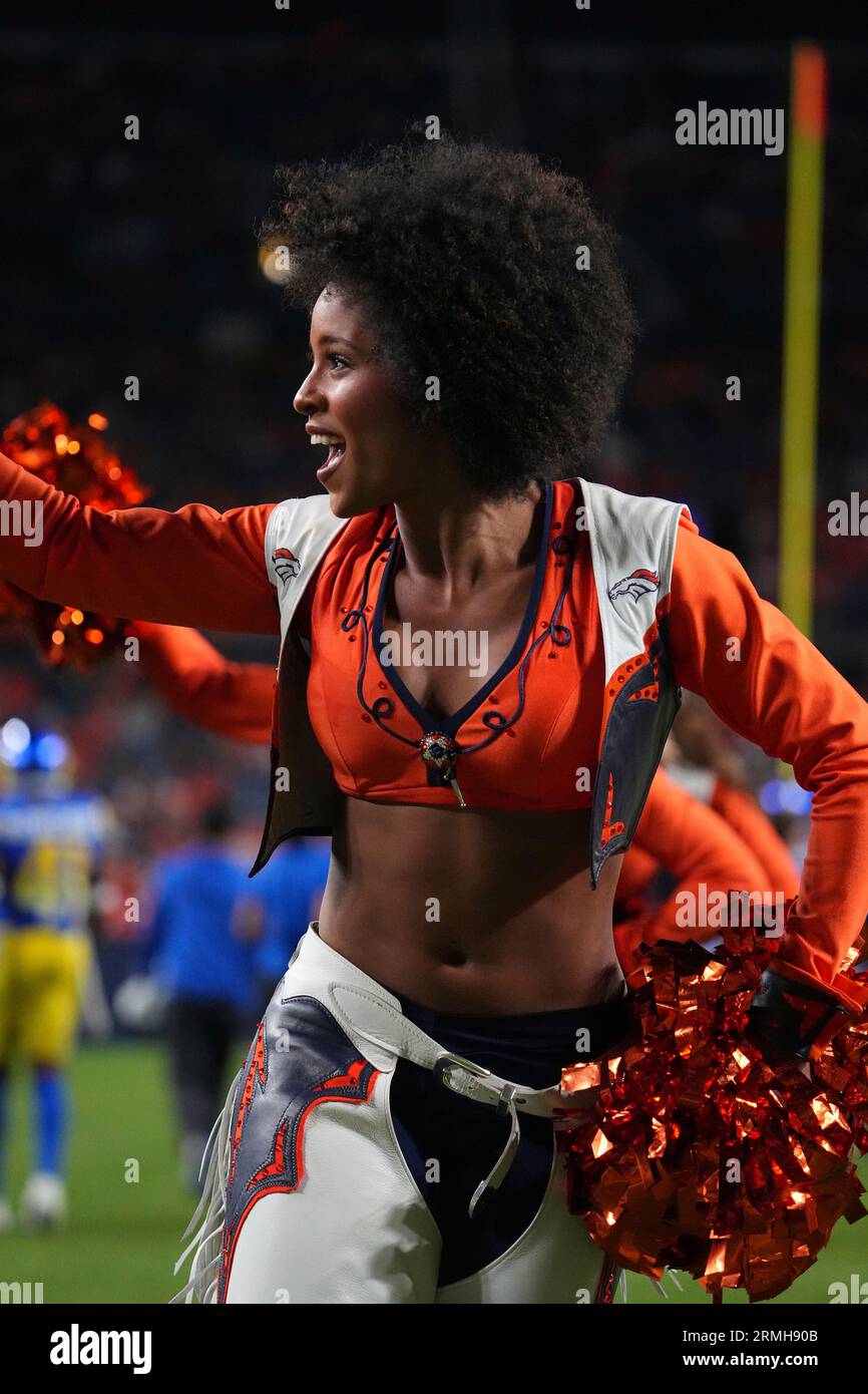 The Denver Bronco Cheerleaders perform during the Denver Broncos v