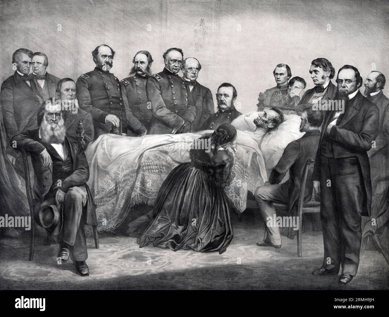 Death bed of Lincoln, Abraham Lincoln lying on a bed surrounded by cabinet members, generals, and family members, Stock Photo