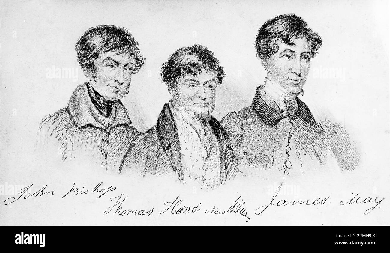 The London Burkers or body snatchers, from left: John Bishop, Thomas Williams, James May. The London Burkers were a group of body snatchers operating in London, England. They came to prominence in 1831 for murdering victims to sell to anatomists, by luring and drugging them at their dwelling in London. Also known as the Bethnal Green Gang. Stock Photo