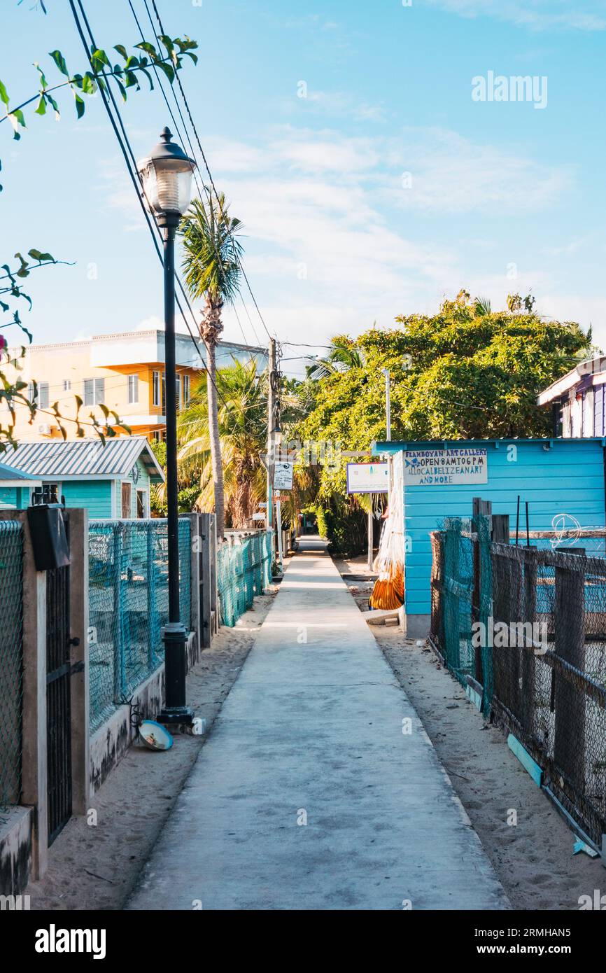 the main path through Placencia township, Belize. An urban legend alleges it holds the Guinness World Record for 'narrowest main street' Stock Photo