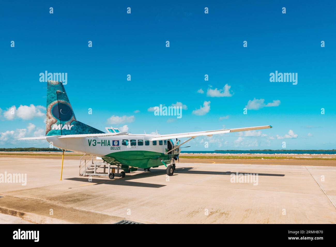 a Maya Island Air Cessna Caravan waits for passengers at Sir Barry Bowen Municipal Airport, Belize City Stock Photo