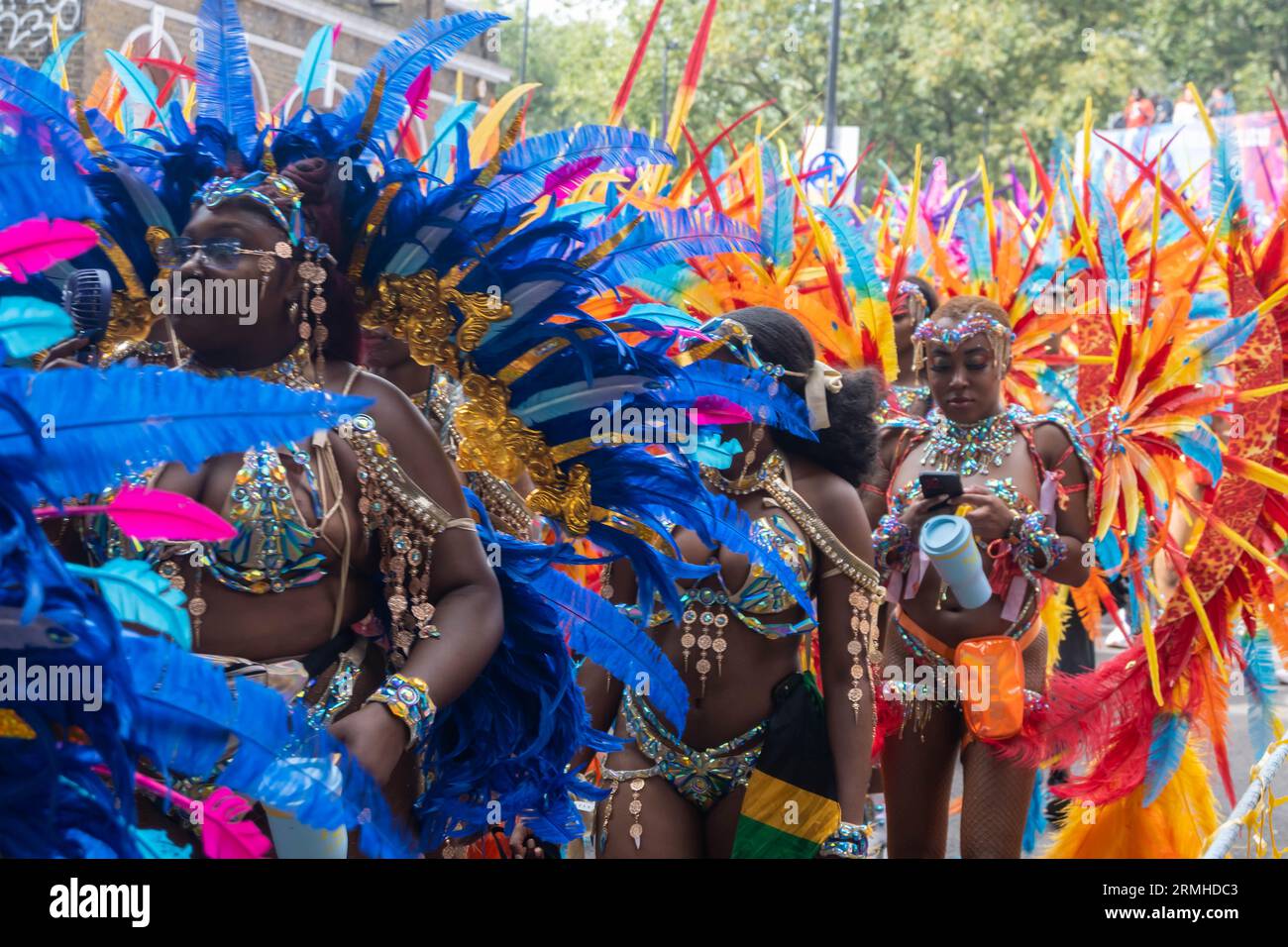 Notting Hill, London, England. 28th August 2023. Carnival Participants wearing traditional Samba outfits at Notting Hill Carnival 2023. Credit: Jessica Girvan/Alamy Live News Stock Photo