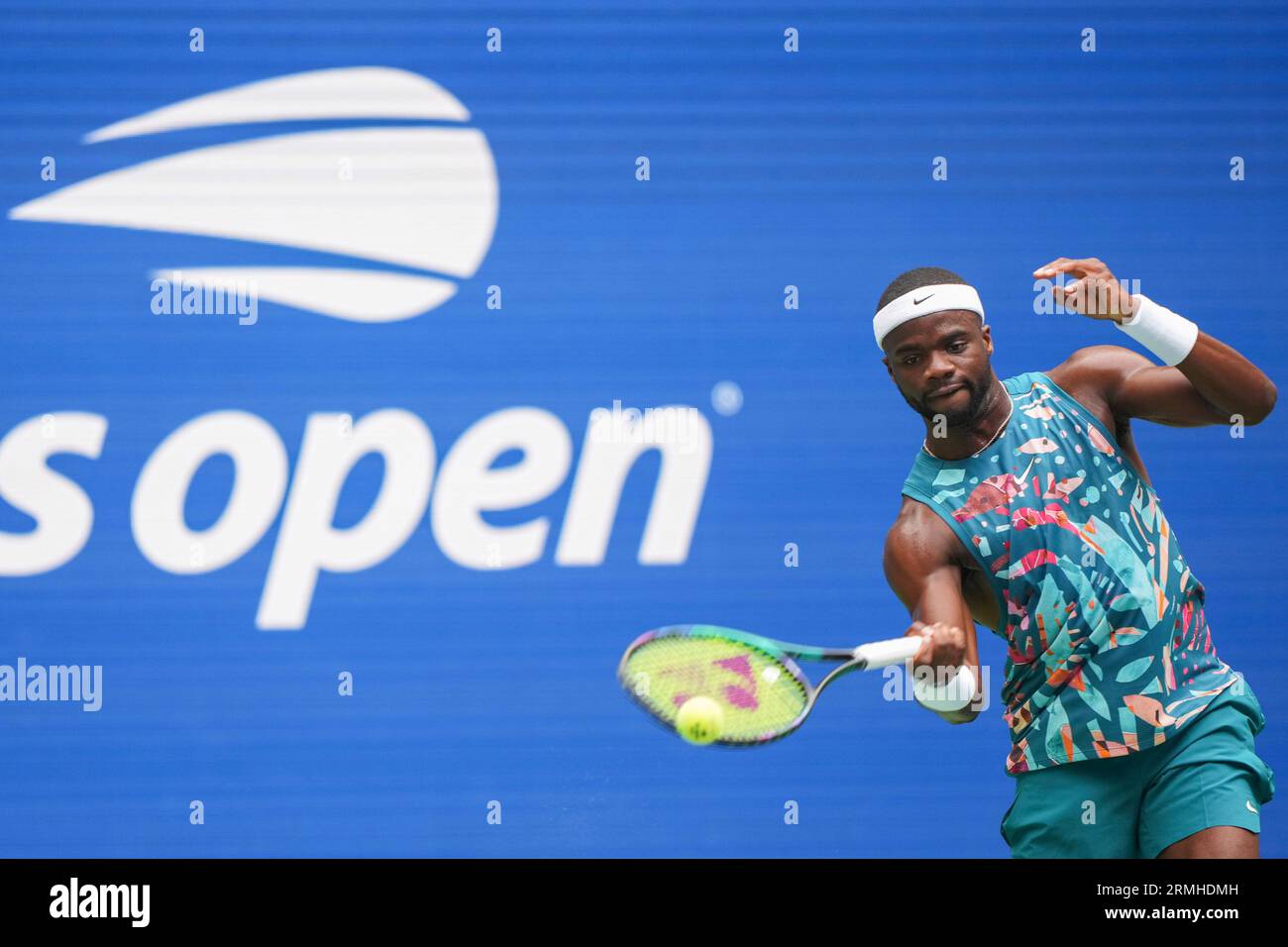 Frances Tiafoe in action during a mens singles match at the 2023 US Open, Monday, Aug