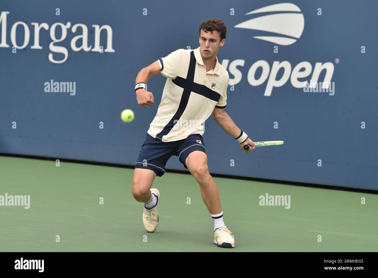 Juan Manuel Cerundolo in action during a mens singles match at the 2023 US Open, Monday, Aug