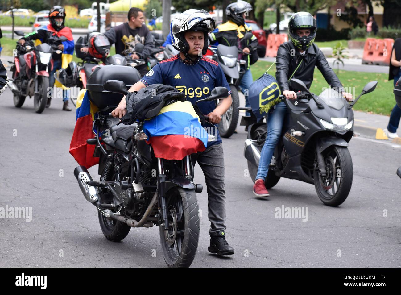 Bogota, Colombia. 28th Aug, 2023. Motorcycle drivers take part during protests against the raise of fuel prices, in Bogota, Colombia, on August 28, 2023. Photo by: Cristian Bayona/Long Visual Press Credit: Long Visual Press/Alamy Live News Stock Photo