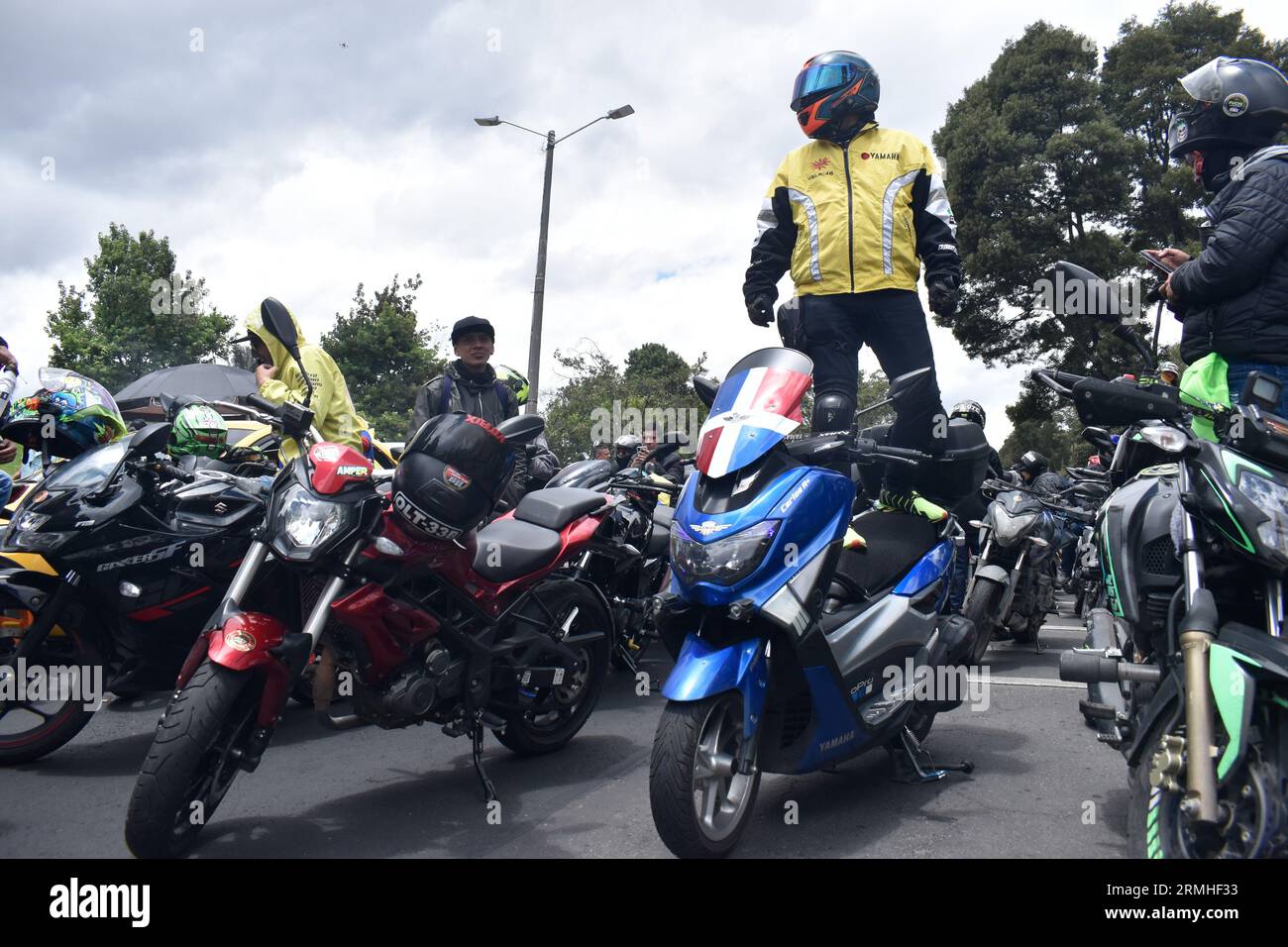 Bogota, Colombia. 28th Aug, 2023. Motorcycle drivers take part during protests against the raise of fuel prices, in Bogota, Colombia, on August 28, 2023. Photo by: Cristian Bayona/Long Visual Press Credit: Long Visual Press/Alamy Live News Stock Photo