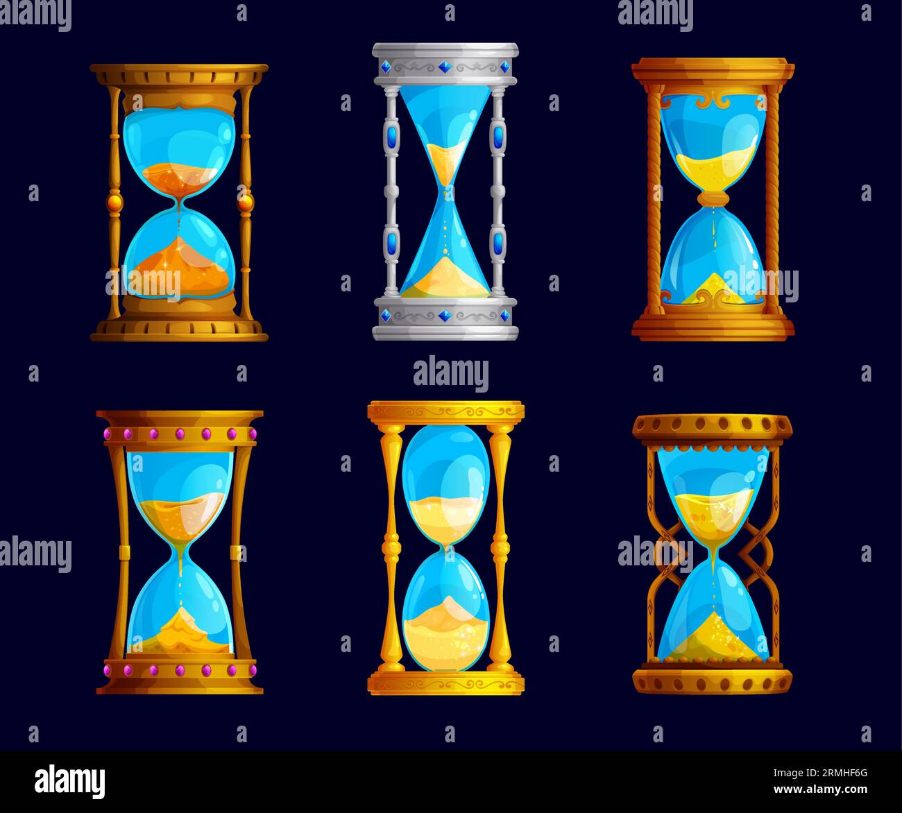Magic sand glass clock. Isolated sandglass, hourglass. Cartoon vector